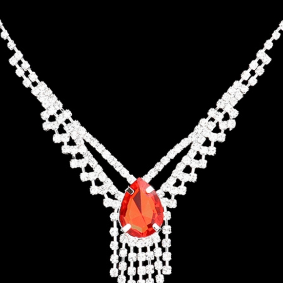 Red Silver Droplet Fringe Rhinestone Crystal Necklace Jewelry Formal Black Tie - Picture 6 of 8